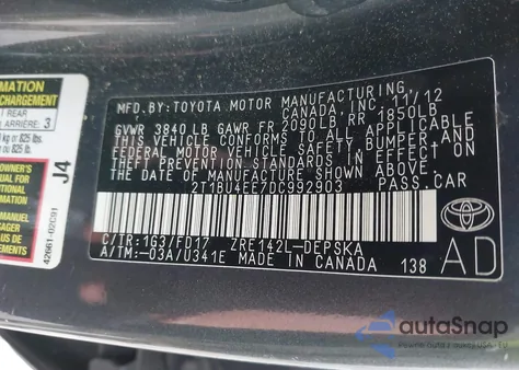 2013 Toyota Corolla S from USA, damaged, VIN 2T1BU4EE7DC992903